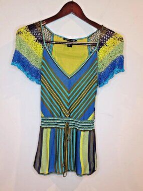 Boston Proper Short Crochet Sleeve Top Sz XS Lined Babydoll Cinch Waist Y2K